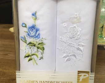 VTG Handkerchief, New in the Box, Blue Rose & White Rose embroidered perfect for Bride, Mother of Bride/Groom, handkerchief collector