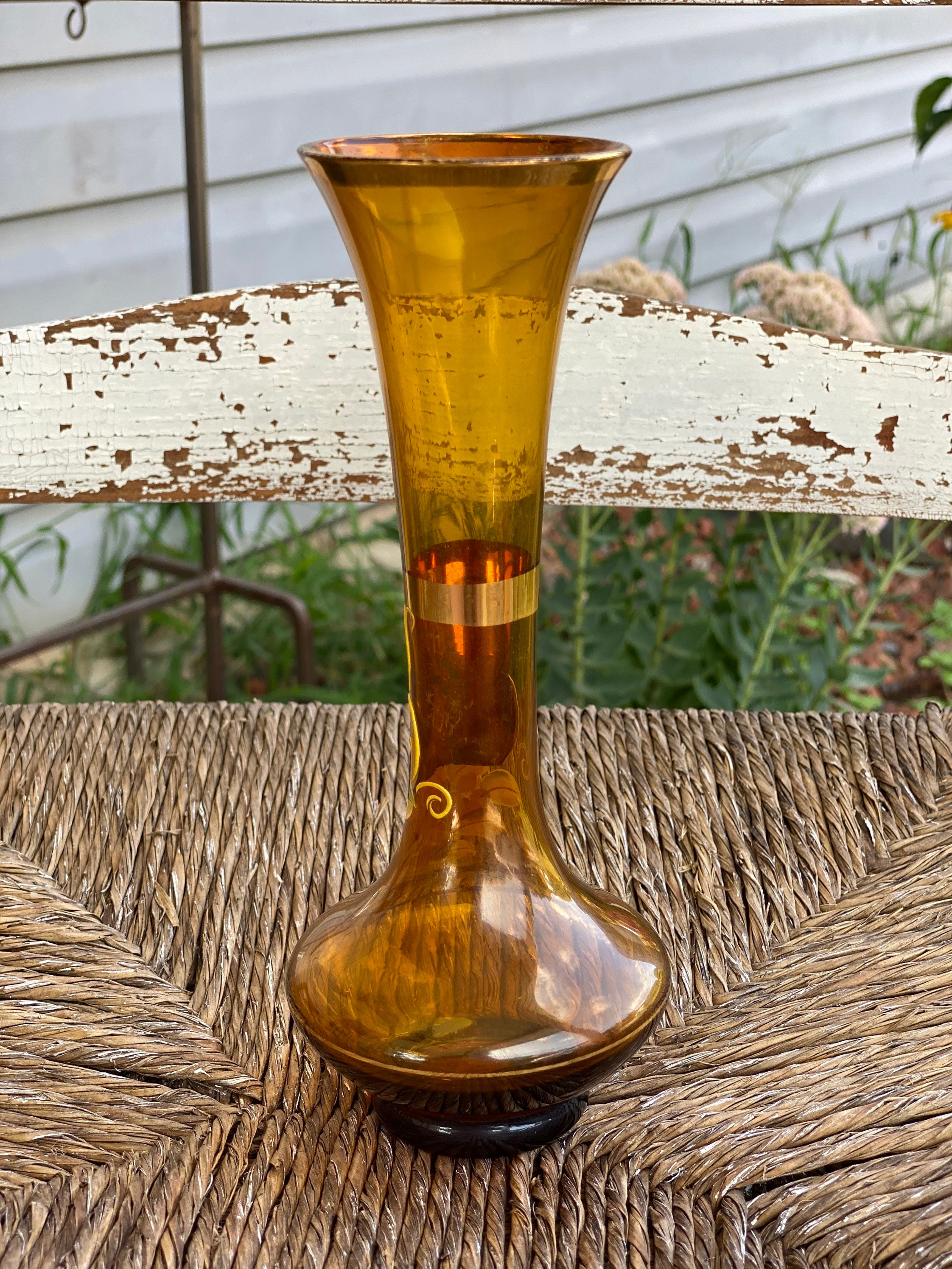 Vintage Amber Glass Vase Hand Blown Hand Painted Flowers by Etsy