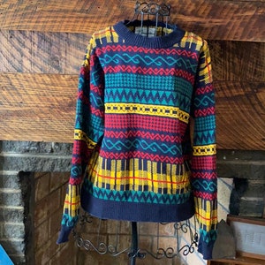 Vintage ladies colorful patterned sweater from the 1980’s/1990’s -100% cotton Made in the USA, size vintage small- 1980’s fashion, unfashion