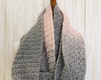 Handmade Pink Gray Ombre Crochet Infinity Scarf, Wool Blend Cowl