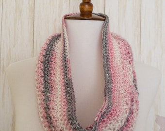 Handmade Grey Pink Ombre Crochet Cowl Scarf, Soft Winter Warm Acrylic Yarn