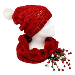 Christmas Red Infinity Scarf and Beanie Set, Holiday Red Crochet Scarf and Hat, Winter Red Crochet Infinity Scarf and Hat