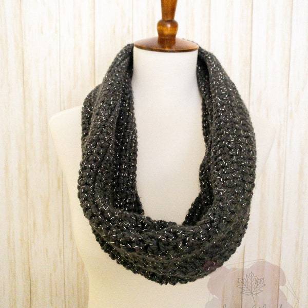 New Year's Eve Gray Infinity Scarf with Sparkles, Sparkly Gray Infinity Scarf, Handmade Charcoal Grey Scarf, Grey Crochet Metallic Scarf