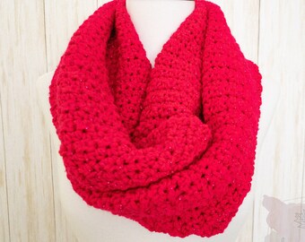 Handmade Fuchsia Pink Crochet Infinity Scarf, Sparkle Acrylic Yarn