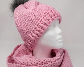 Handmade Light Pink Sparkle Beanie Infinity Scarf Set, Faux Fur Pom Pom, Winter Warm