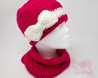 Handmade Crochet Girl's Hot Pink Beanie and Cowl Scarf Set with White Bow