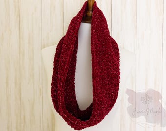 Handmade Christmas Red Sparkle Velvet Cowl Scarf, Soft Warm Metallic Crochet