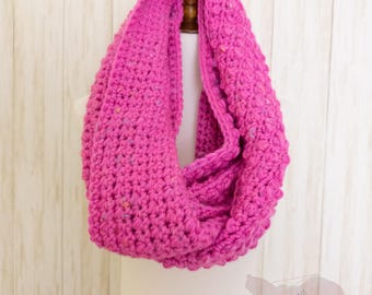 Handmade Bright Pink Crochet Infinity Scarf, Warm Soft Winter Scarf