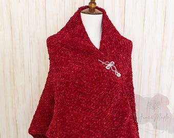 Handmade Christmas Red Velvet Metallic Sparkle Crochet Shawl, Soft Warm Elegant Velvet Wrap