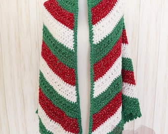 Christmas Metallic Crochet Shawl , Red, Green, and White Sparkle Shawl, Handmade Soft Wrap