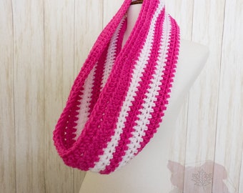 Handmade Pink and White Striped Sparkle Acrylic Infinity Scarf, Valentine's Day Cowl,