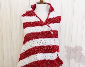 Handmade Christmas Metallic Crochet Shawl , Soft Warm Red and White Sparkle Shawl