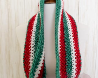 Handmade Crochet Candy Cane Cowl Scarf, Warm Winter  Red White and Green Acrylic Yarn
