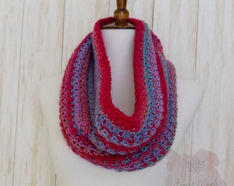 Handmade Red Multi Crochet Cowl Scarf, Warm Soft Winter Acrylic Yarn