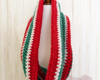 Handmade Crochet Christmas Candy Cane Cowl Scarf, Red Green White, Warm Soft Winter Scarf