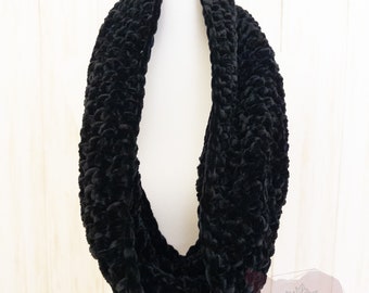 Handmade Black Velvet Crochet Cowl Scarf, Warm Winter Soft Chunky Knit