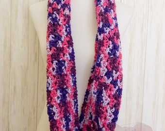 Handmade Pink Purple Variegated Crochet Infinity Scarf, Warm Winter Soft Acrylic Yarn