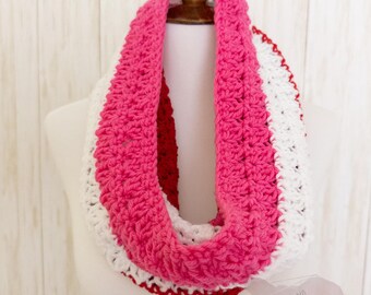 Valentine's Day Handmade Cowl Scarf, Warm Pink White Red Striped Acrylic Winter Scarf