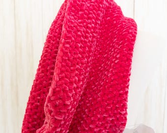 Handmade Hot Pink Velvet Crochet Cowl Scarf, Soft Winter Neck Warm