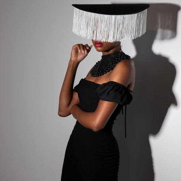 White Flat Hat Fascinator/Wide brim hat/ Derby Hat/fringe hat/ black hat/ fringe fascinator/ fringe hat/statement hat/Beyoncé