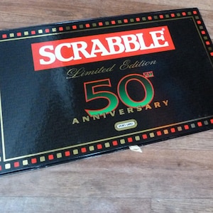 Vintage Scrabble 50th Anniversary Limited Edition Special set, complete game by Spear&#39;s Games dated 1998 with Wooden Letters and Velvet Bag