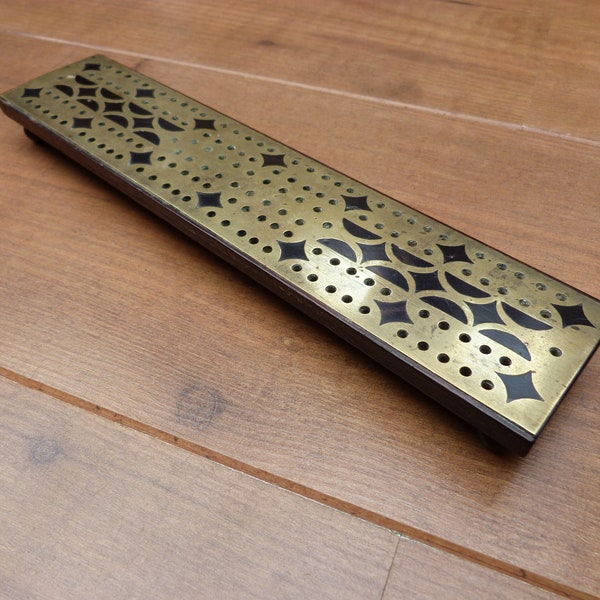 Antique Cribbage Board Brass and Wood Game Scorer Patterned Vintage Cribbage board on Ball Feet