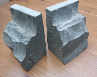 Pair Chiselled Slate Stone Bookends Vintage Natural Stone Book Ends