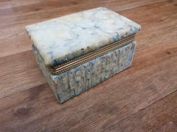 Vintage Alabaster Trinket Box Vibrant Blue Inside… - image 3
