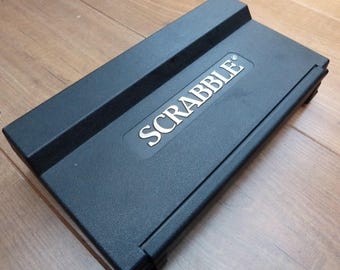 Vintage Travel Scrabble set push-in tiles in black hard plastic folding case complete game by Spear's Games Handy travel word board game