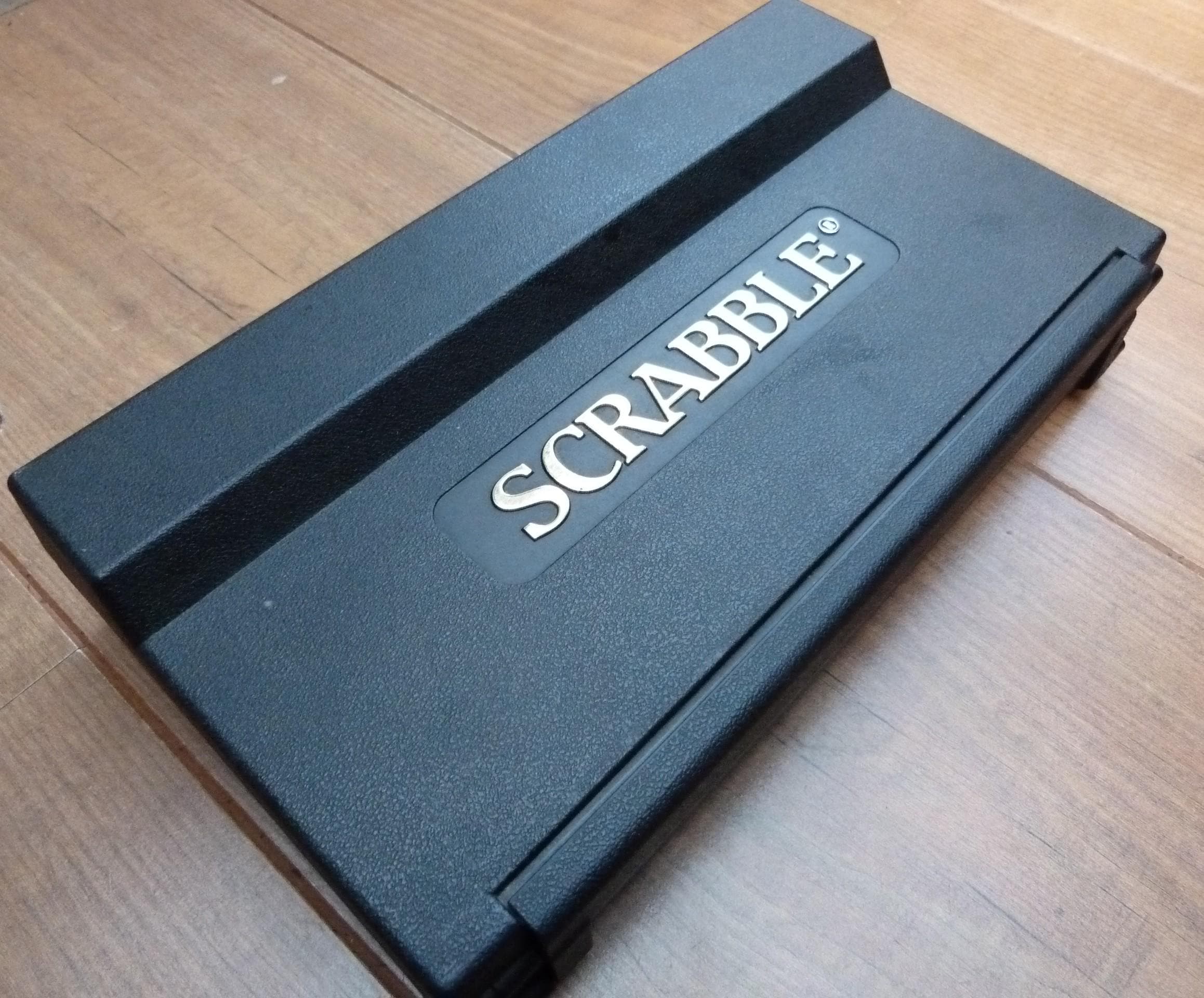 Vintage Travel Scrabble set push-in tiles in black hard plastic folding case complete game by Spear's Games Handy travel word board game