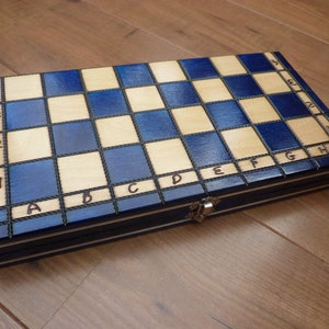 Vintage Blue Chess and Draughts Set in Wooden Folding Board 13 inch square Hand Made Complete with 32 chess and 30 draughts pieces vintage