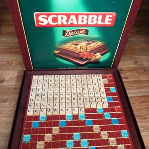 Deluxe Scrabble set with Wooden Framed Turntable Board, Wooden Letters, Velvet Bag Complete Game 2000s Vintage