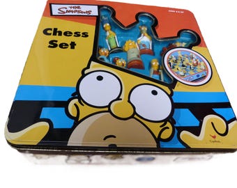 Vintage The Simpsons 3D Chess Set in Tin with Folding Board Complete with 32 pieces of Simpsons characters 2000