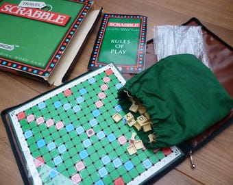 Vintage Travel Scrabble set, peg tiles and board in folding zipped case boxed complete game by Spear's Games Handy travel word board game