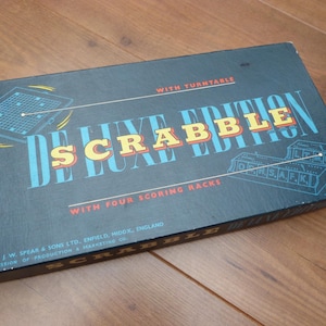 Vintage Deluxe Scrabble set, complete original game with turntable scoring racks by Spear&#39;s Games dated 1958 Made in England word board game