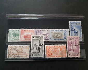 Coleção de selos novos e usados das Ilhas Malvinas, de 1952, do Rei George VI, da Commonwealth Britânica. Selos postais autênticos de colecionador.