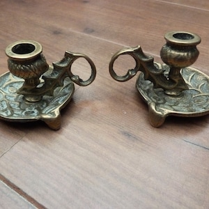 Pair Vintage Brass Thistle Candleholder Shaped Chamber Sticks, Single Candle Stick, Ornate Style Brass, Scottish National Emblem