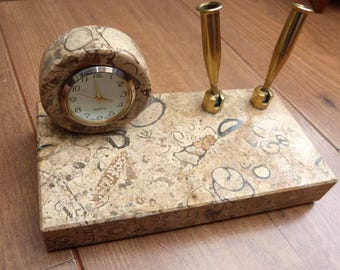 Vintage Desk Clock and Pen Stand Patterned Stone 1980s Vintage