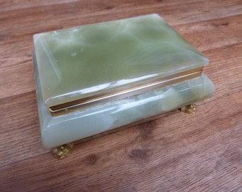 Vintage Onyx Trinket Box Jade Green Figured Onyx Marble Hinged 1.35kg 6 Inch Shaped Stone Jewellery Box on Claw Feet