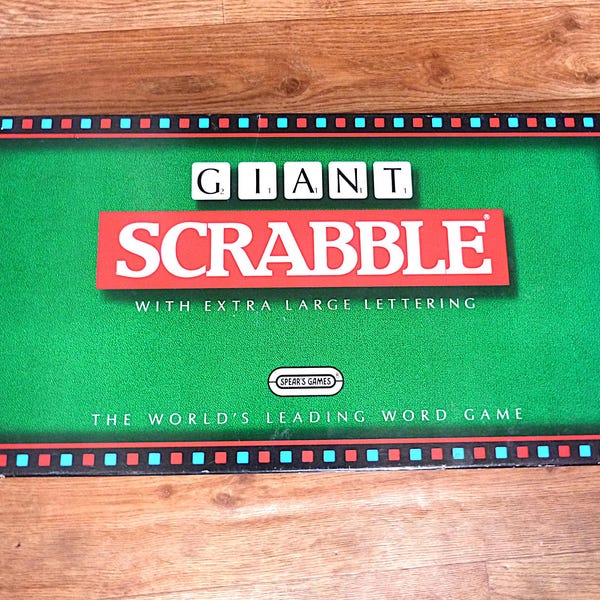Vintage Giant Scrabble set, complete Large Print game by Spear's Games dated 1990. Large board, long racks, large letters and big print book