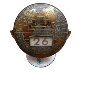 Vintage Large Metal Globe Perpetual Flip Calendar of World Map Olympic Airways 1960s 5 inches high