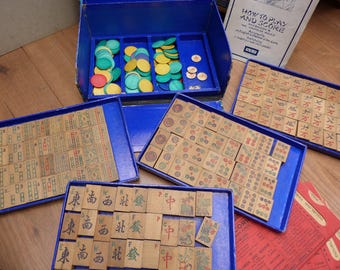 Antique Chad Valley Mahjong Set Complete with 144 Wooden Pieces, Dice, Wind Indicators, Counters and Score Tables