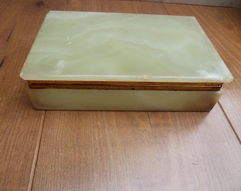 Vintage Onyx Trinket Box Green Figured Onyx Marble 7 Inch 1.5kg Hinged Stone Jewellery Box