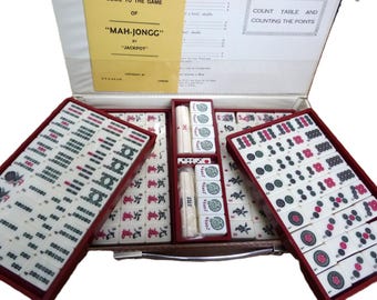 Part Sealed Mahjong Set 152 Tiles in Carry Case Complete with Bamboo Backed Pieces, Scoring Sticks and Dice 1970s Portable vintage
