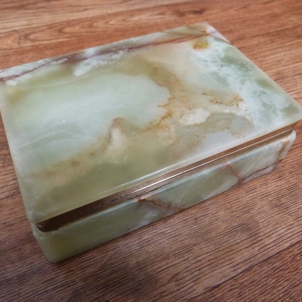 Vintage Onyx Trinket Box Green Figured Onyx Marble Hinged 5 Inch Stone Jewellery Box