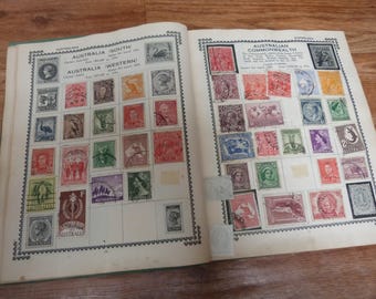 Vintage Stamp Album 700+ World Stamps 1900s-1950s Europe French Colonies Asia 200 pages Victory Album