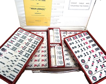 Part Sealed Mahjong Set 152 Tiles in Carry Case Complete with Bamboo Backed Pieces, Scoring Sticks and Dice 1970s Portable vintage