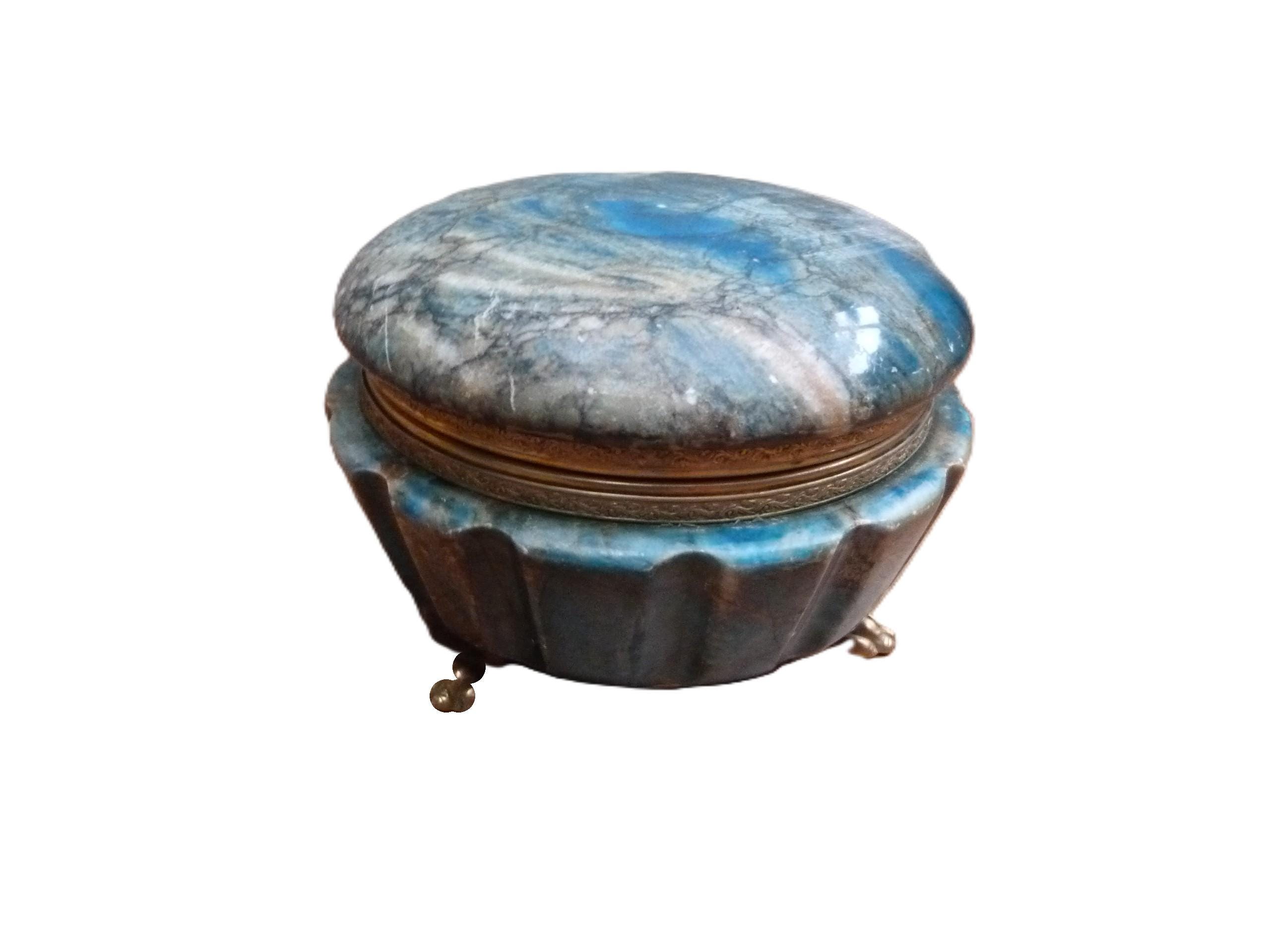 Vintage Alabaster Round Trinket Box Blue Figured Alabaster Marble ...
