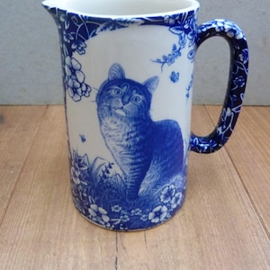 Heron Cross Pottery Cat Jug Endearing Innocence by David Waters Vintage Blue and White Ceramic Pitcher