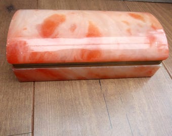 Vintage Peach Orange Alabaster Trinket Box 7 Inch 0.89kg Hinged Stone Jewellery Box Made in Italy